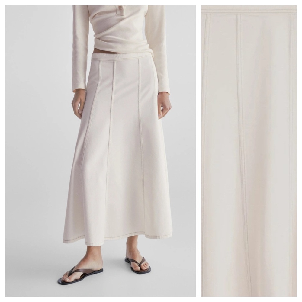 NWT. Massimo Dutti Off White Denim High Waisted Panel Midi Skirt. Size 2, 4. - Picture 3 of 11